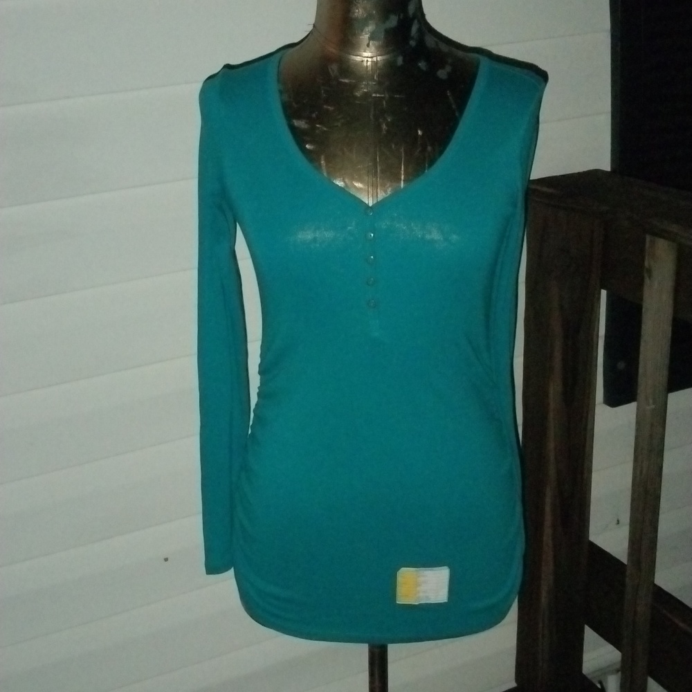 Old Navy Maternity LongSleeve Henley Full Teal Blue Side Gather Button Embellish